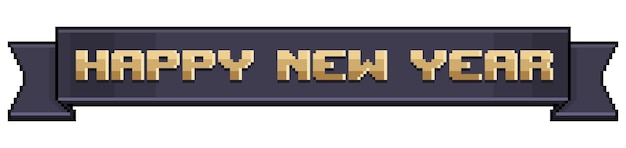 Cinta negra de arte de píxeles con feliz año nuevo, banner con icono de vector de feliz año nuevo para juego de 8 bits