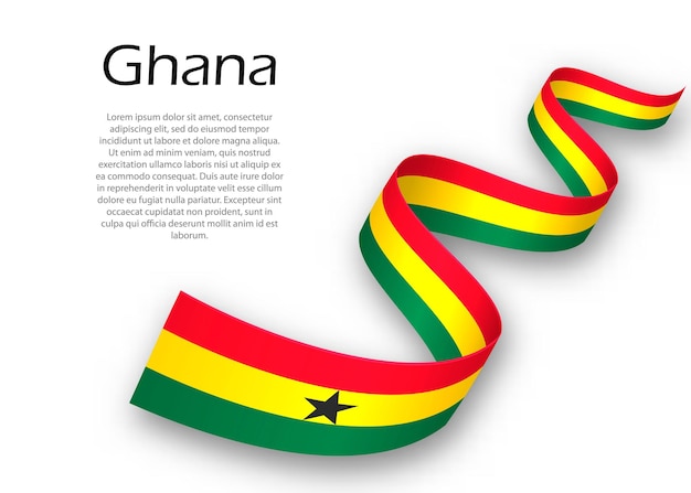 Cinta ondeando o banner con bandera de Ghana. Plantilla para el diseño del cartel del día de la independencia
