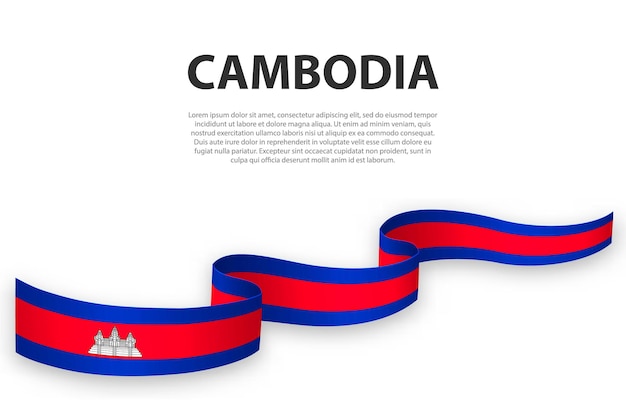 Cinta ondeante o pancarta con la bandera de camboya plantilla para el diseño de carteles del día de la independencia