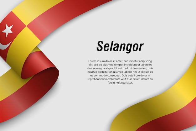 Cinta ondeante o pancarta con la bandera del Estado de Selangor de Malasia Plantilla para el diseño de carteles