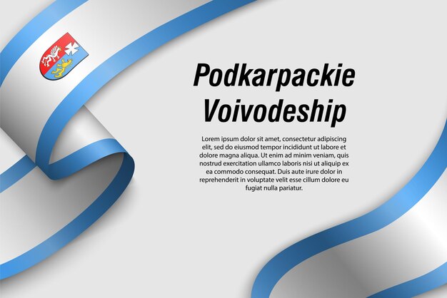 Cinta ondeante o pancarta con la bandera de la provincia de Podkarpackie Voivodato de Polonia Plantilla para el diseño de carteles