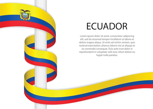 Cinta ondeante en el poste con la bandera de ecuador. plantilla para el diseño del cartel del día de la independencia