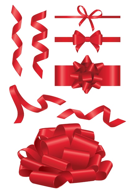 Cinta roja: conjunto de vector moderno realista de objetos de diferentes formas. Fondo blanco. Utilice estos elementos de imágenes prediseñadas de calidad para su diseño. Corta la cinta roja, abre un espectáculo, decora un regalo.