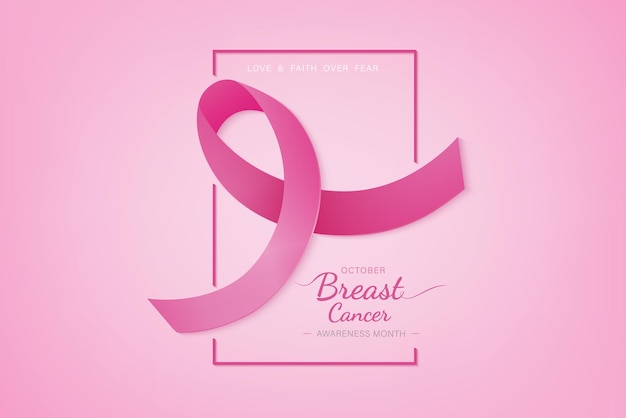 Cinta rosa con texto de amor y fe sobre el miedo en el fondo degradado para apoyar la campaña de concientización sobre el cáncer de mama en octubre