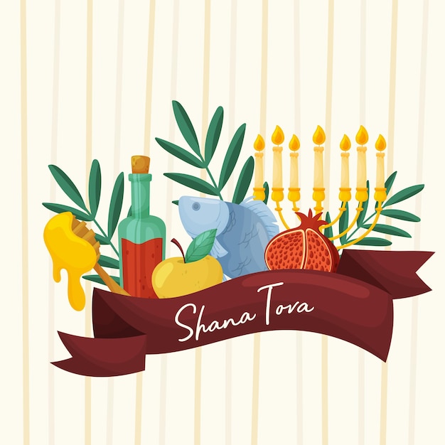 Vector cinta y símbolos principales de la fiesta tradicional judía shanah tovah o año nuevo pez de miel manzana granada menorah y hojas verdes ilustración vectorial aislada en fondo beige claro