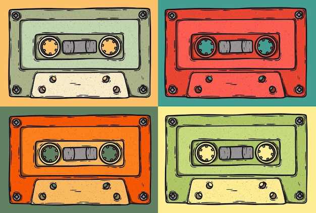 Cinta de sonido retro de los años 80, 70 y 60, cinta de sonido, vector dibujado a mano, fondo colorido