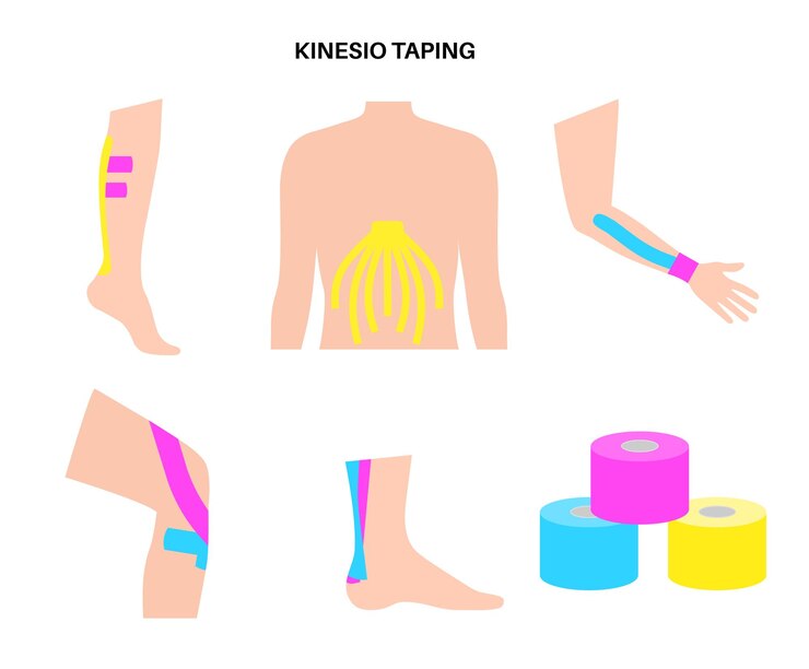 Vector cinta terapéutica elástica cinta de kinesiología en el hombro de la pierna del brazo y el abdomen tira elástica del método kt supuestamente para aliviar el dolor de las lesiones protección para la ilustración vectorial de músculos y ligamentos