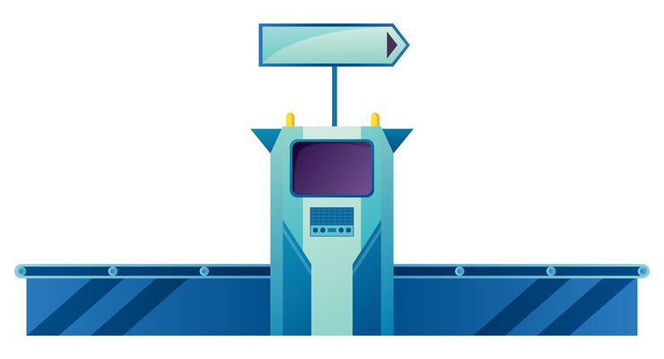 Vector cinta transportadora del aeropuerto y escáner policial sin bolsas de equipaje de pasajeros concepto de vector de punto de control de terminal ilustración vectorial de controles de equipaje en diseño plano