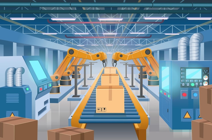 Vector cinta transportadora con cajas de cartón en fábrica o almacén vista en perspectiva fábricas
