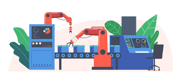 Cinta transportadora con cajas de cartón, interior de fábrica, planta, almacén u oficina de correos con línea de producción automatizada con paquetería, mercancía o producto en paquetes de cartón. ilustración vectorial de dibujos animados