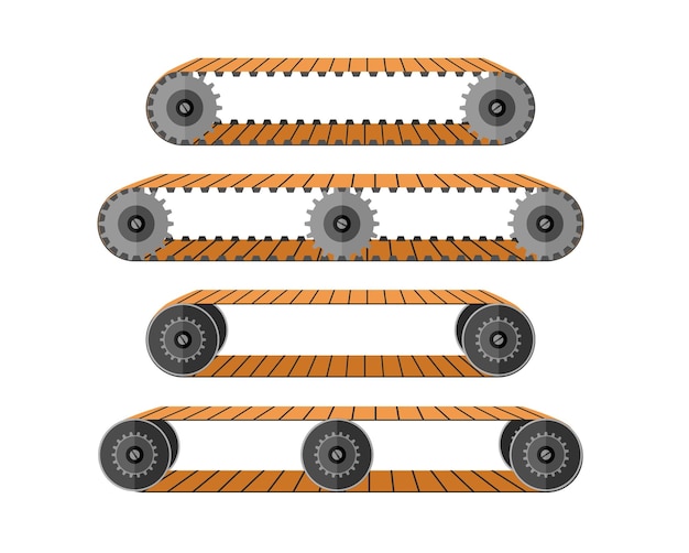 Cinta transportadora. Escalera mecánica de máquina industrial con rodillos móviles para el movimiento de equipos de mercancías para el transporte de bolsas y personas de vectores