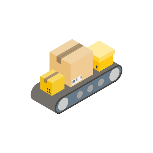 Cinta transportadora con icono de cajas en estilo isométrico 3d sobre un fondo blanco