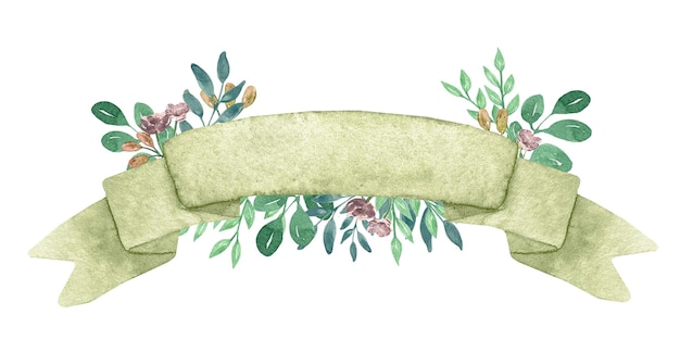 Cinta verde acuarela con flores y vegetación.
