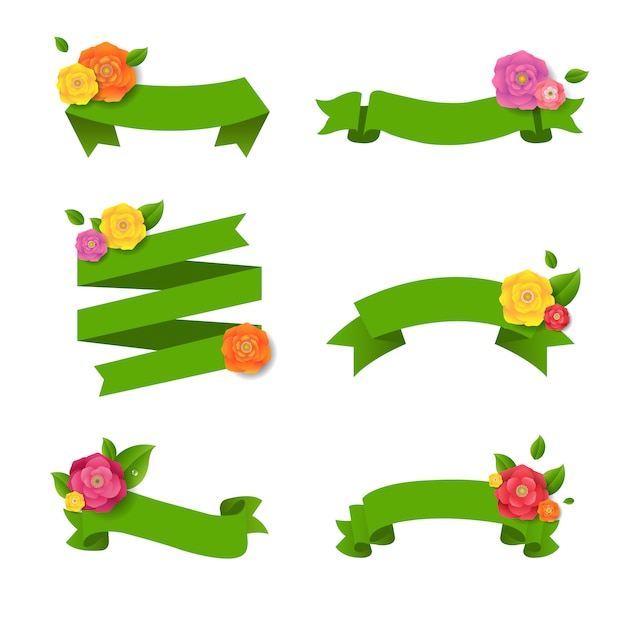 Vector cinta verde de la web con flores grandes conjunto