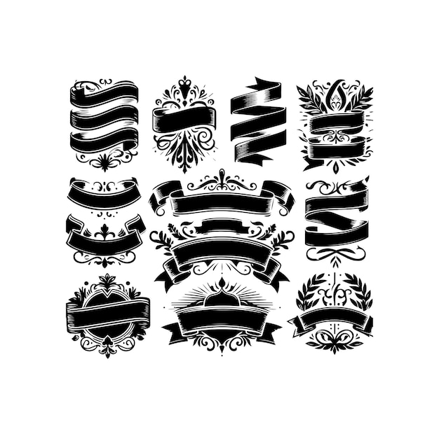 Cintas en blanco vintage conjunto insignia pancarta cinta bandera estallido de sol elemento de diseño ilustración vectorial