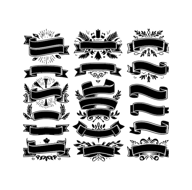 Cintas en blanco vintage conjunto insignia pancarta cinta bandera estallido de sol elemento de diseño ilustración vectorial