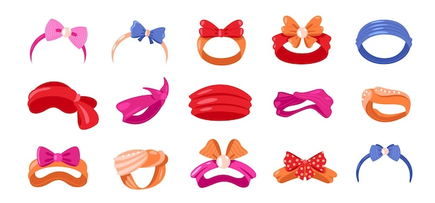 Cintas para el cabello Mujer de dibujos animados moda accesorios para el cabello niña glamour decorativo diadema con lazo elementos de moda para el peinado Vector conjunto plano
