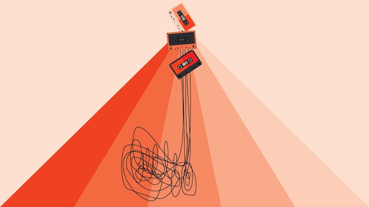 Vector cintas de casete de audio de estilo retro con ilustración de diseño plano de línea de tiras adecuada para vintage