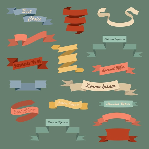 Cintas de colores vintage con lugar para una inscripción. Banderas de cinta de colores. Pegatinas Insignias Con Bordes Decorativos Ilustración Vectorial