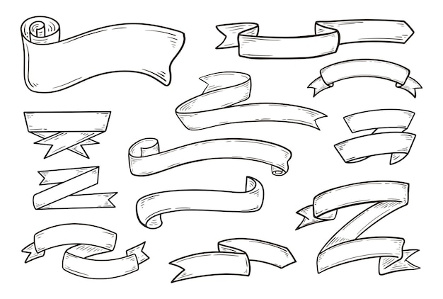 Cintas dibujadas a mano conjunto vintage estilo Doodle boceto de color negro elementos aislados ilustración vectorial