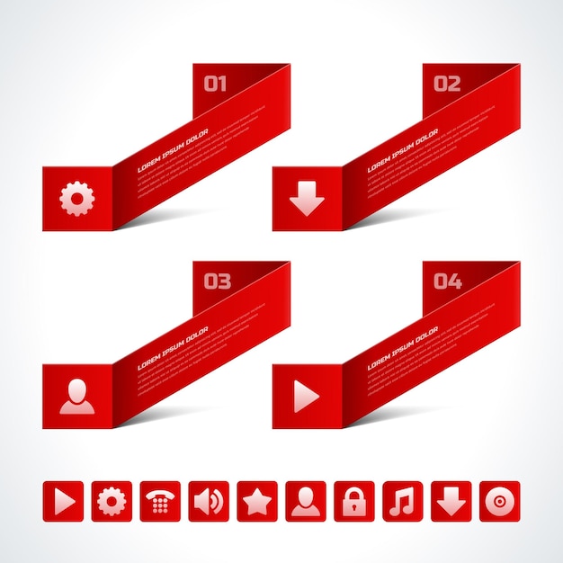 Cintas infográficas 3d curvas con plantilla de vector de panel de símbolos Banner rojo con icono de diagrama estadístico creativo y botones web para acceso rápido al menú de navegación Folletos de colección con datos