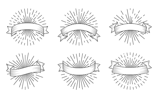 Cintas lineales negras retro con rayos de sol, set. cinta de época antigua en estilo grabado. cintas de banner en blanco dibujadas a mano con rayos de luz