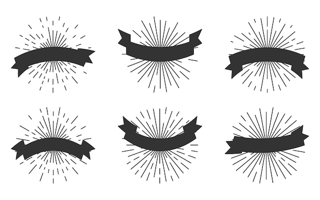 Cintas negras silueta retro con conjunto de iconos sunburst