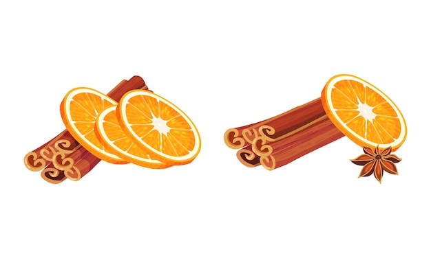 Cintas o palos de corteza de canela secos con un conjunto vectorial de rebanadas de naranja