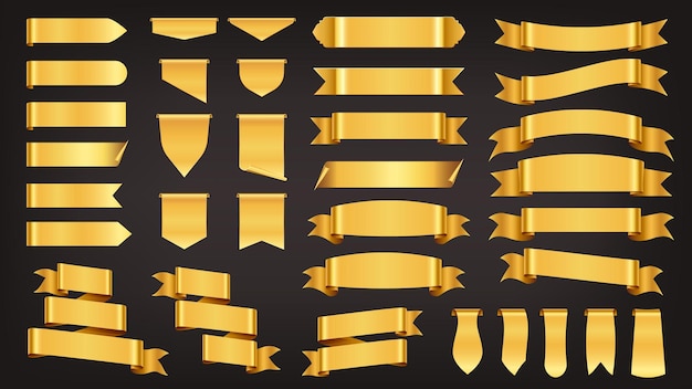 Cintas de oro Etiquetas y insignias de oro vintage de alta calidad Decorativos elementos de cinta de lujo para tarjetas de felicitación e invitaciones Banner amarillo retro vectorial Colección de etiquetas 3D