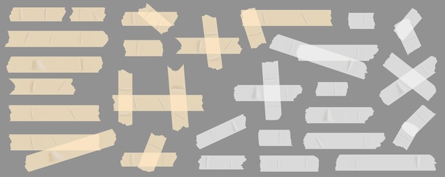 Cintas pegajosas mega conjunto en diseño gráfico plano Elementos agrupados de cintas adhesivas amarillas y blancas con bordes rasgados pegamento realista escocés pegatinas rasgadas ilustración vectorial objetos aislados
