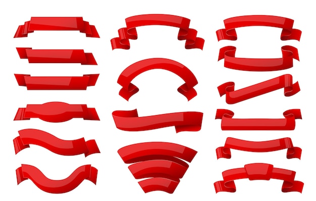 Cintas rojas de dibujos animados Elementos decorativos curvos Banner vacío para texto promocional Cintas plegadas y rizadas de manera diferente Etiquetas de seda premium Cintas de vacaciones Set vectorial de banderas curvas