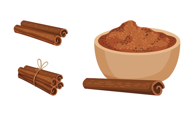 Cintas secas de corteza de canela y polvo de corteza en un conjunto vectorial de cuenco