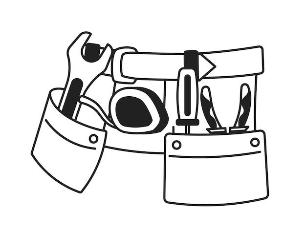 Cinturón de herramientas en la cintura objeto de dibujos animados 2D en blanco y negro organizador de instrumentos carpintero artesano bolsa aislado contorno vectorial artículo reparación de pintura almacenamiento de herramientas ilustración de punto plano monocromático
