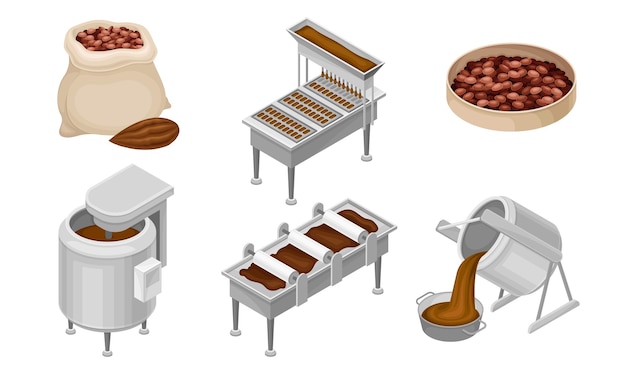 Cinturón transportador con dulces de chocolate apoyados en él y granos de cacao como conjunto vectorial de ingredientes principales