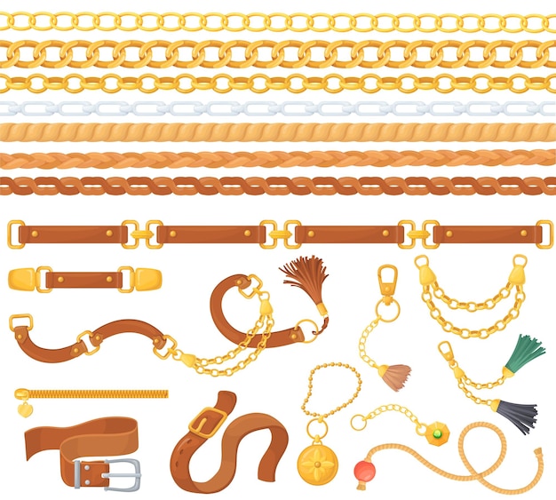 Vector cinturones y cadenas de cuero adorno de cinturón y cadena y trenza accesorios de moda elementos de diseño de tela tejido bordado vintage flecos joyería pulsera colgante hebilla ordenada ilustración vectorial