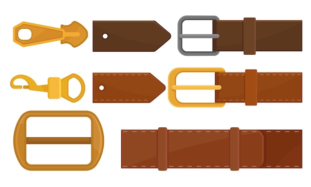 Vector cinturones de cuero con hebillas de metal y baratijas de acero ropa de colección accesorios de moda ilustración vectorial sobre fondo blanco