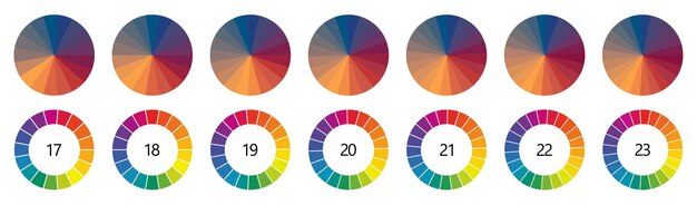 Circle shape divided into colorful segments version with 17 to 23 parts can be used as infographics element