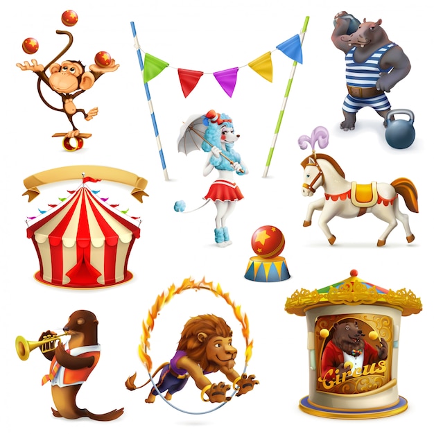 Vector circo, animales graciosos, conjunto de malla