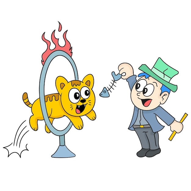 Circo atracción gato saltando círculo de fuego. emoticon de pegatina de ilustración de dibujos animados