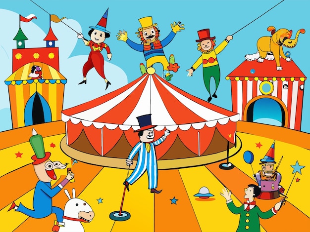 Circo fantástico con acróbatas payasos y animales que realizan trucos Ilustración