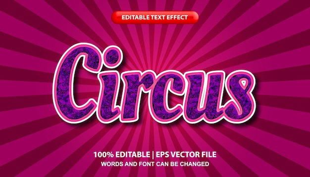 Circo, plantilla de efecto de texto editable, letras de color púrpura en estilo pop art