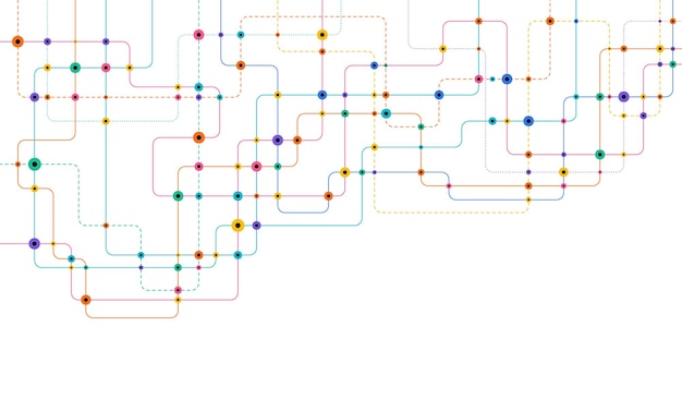 Circuito conectar líneas y puntos Tecnología de red y concepto de conexión Conexiones de nodos de red descentralizados