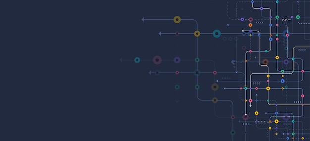 Circuito conectar líneas y puntos Tecnología de red y concepto de conexión Conexiones de nodos de red descentralizados