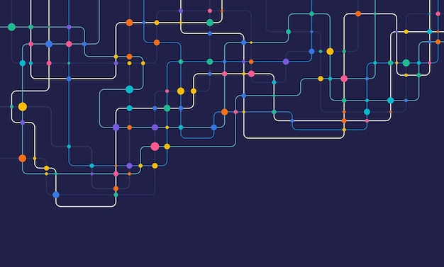 Circuito conectar líneas y puntos Tecnología de red y concepto de conexión Conexiones de nodos de red descentralizados
