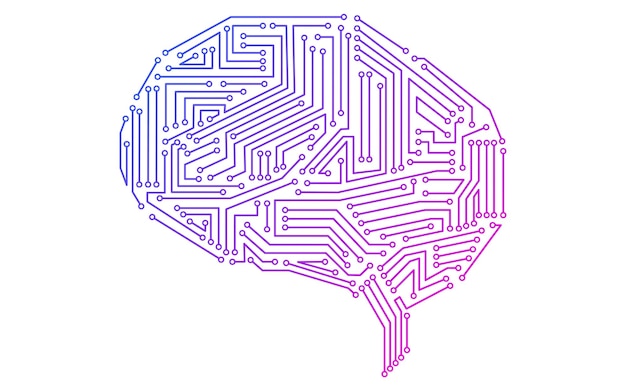Un circuito electrónico en forma de cerebro con una imagen de inteligencia artificial AI en un degradado púrpura