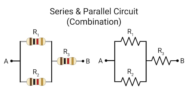 Circuito de resistencia en serie y en paralelo (combinación) con símbolo. Ciencias de la educación física.