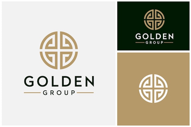 Circular Golden inicial G Monogram GG con patrón griego asiático para el diseño del logotipo de Global Gold Company