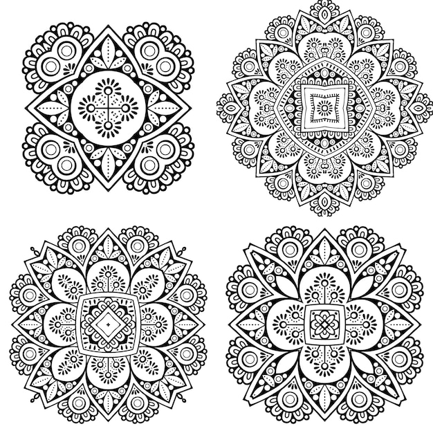Círculo de adorno blanco y negro, colección de encaje redondo ornamental