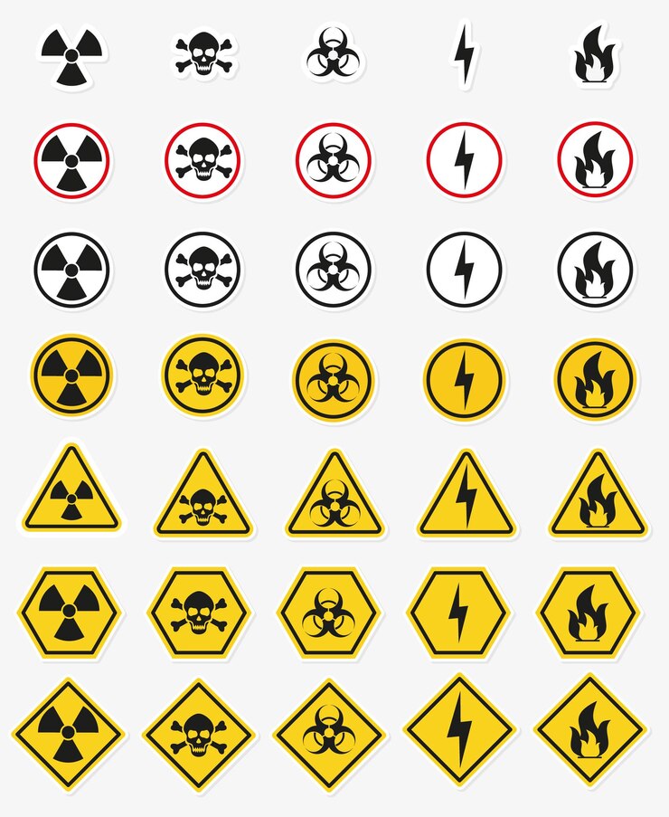Vector círculo de advertencia de peligro signo amarillo signo de radiación signo tóxico e icono de vector de riesgo biológico aislado sobre fondo blanco