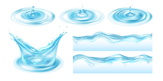 Círculo de agua ondulada 3D gotas superficie de onda salpicaduras líquidas o remolinos gotas minerales realistas derrame de fluidos gotas de lluvia que caen gotas de agua vector exacto océano o spa elementos húmedos conjunto